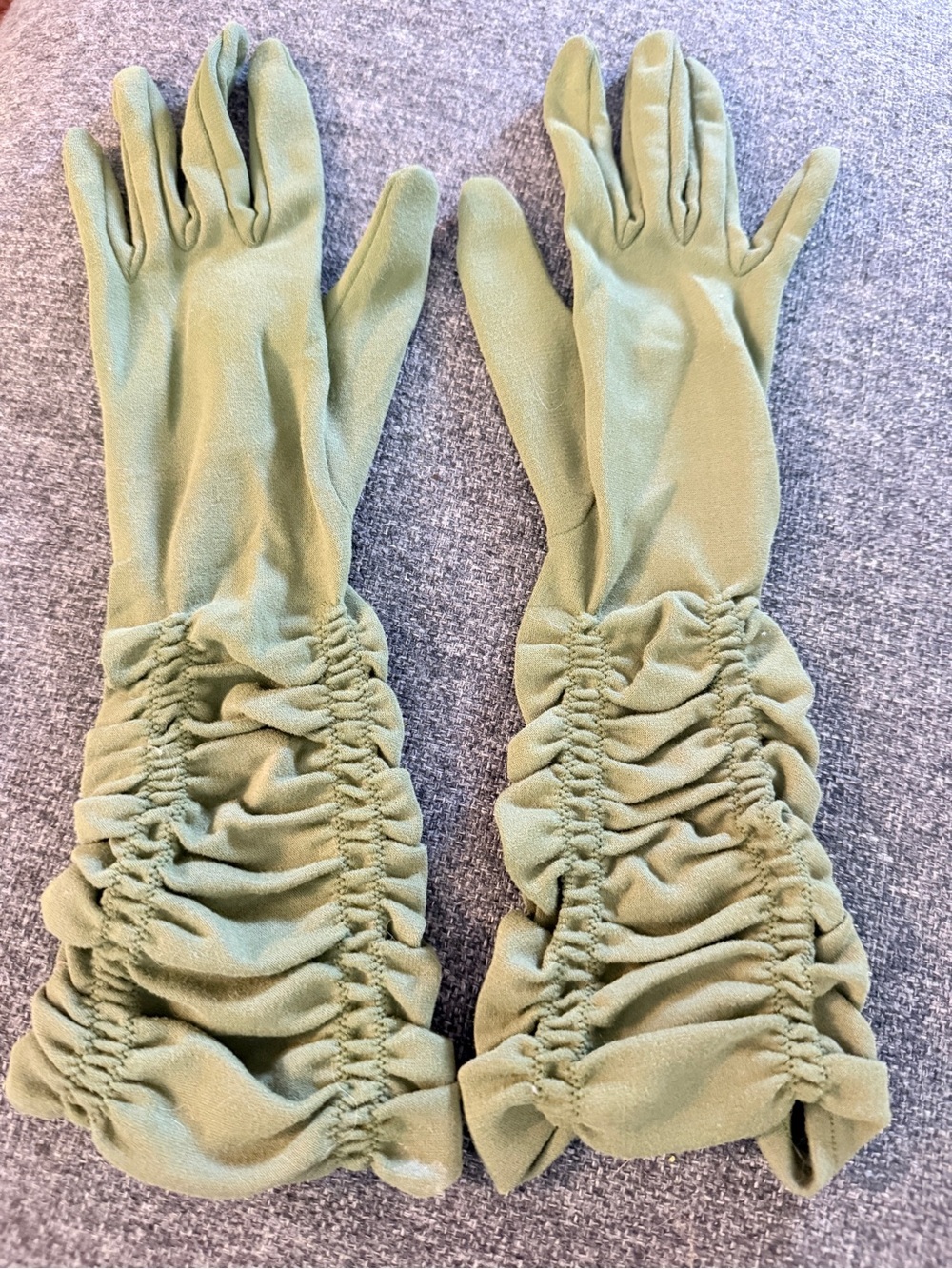 Vintage Sage Olive Green Ruched Opera Gloves Long Gathered Wrist Stretch 12.5"